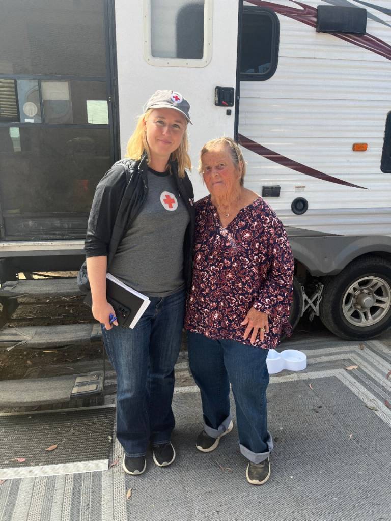 Joanne Jackson lost her Pajaro, California home on March 11, 2023 when a levee breached on the nearby Pajaro River, damaging hundreds of structures, leaving families homeless, unemployed and traumatized. Joanne and her family are repairing the house but fear the levee could fail again. She is pictured with Jillian Robertson, senior manager, Red Cross Long-Term Recovery Communications.