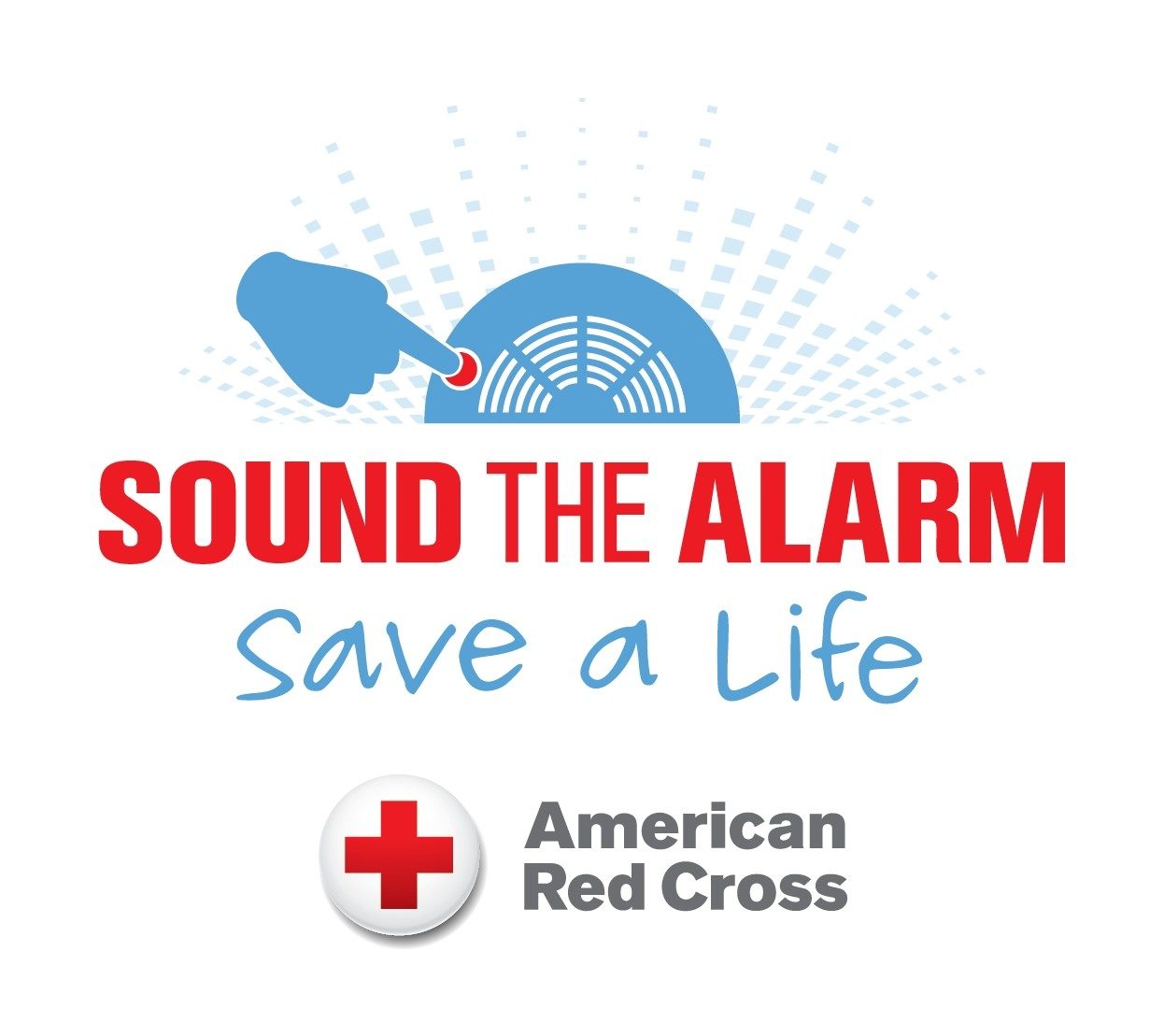 Sound the Alarm Save a Life with drawing of blue hand and smoke alarm banner.