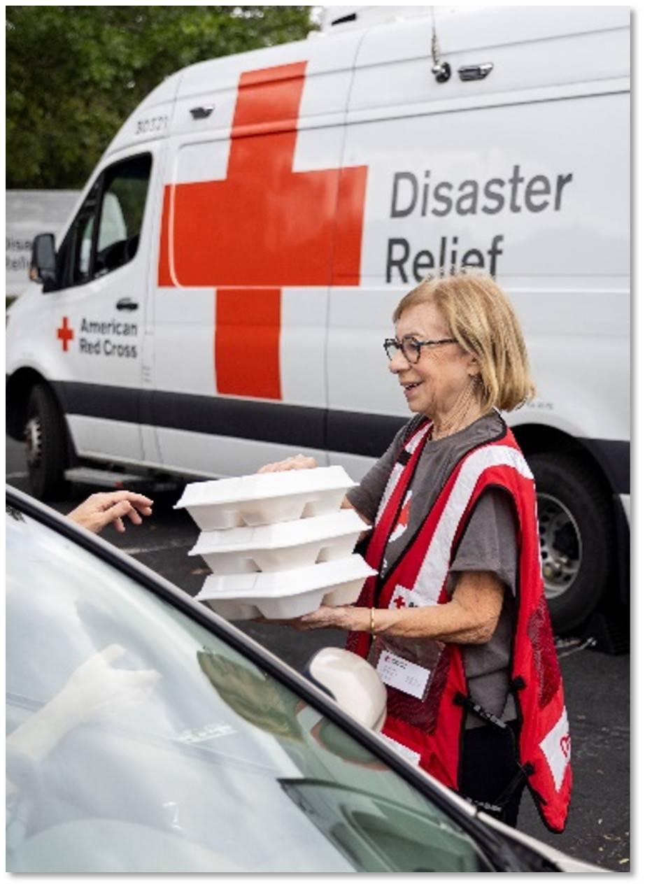 Smiling Red Cross volunteer wearing a red vest delivers food to a client waiting in a car.