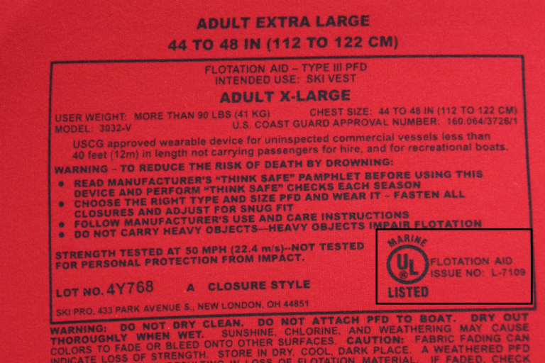 U.S. Coast Guard-approved stamp on a life jacket