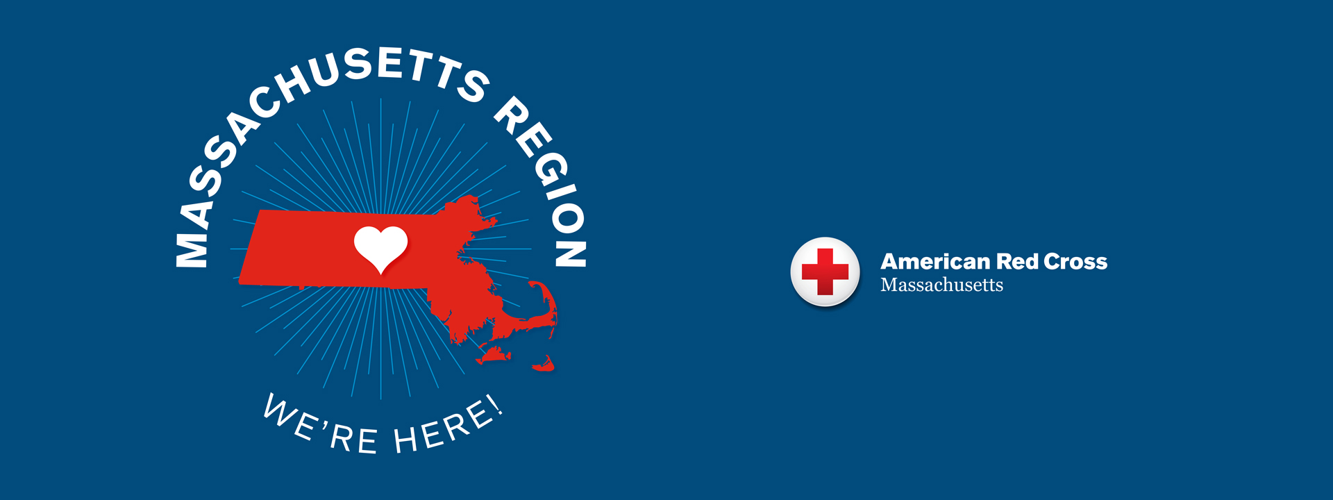 Drawing of massachusetts with a heart and a Red Cross logo.