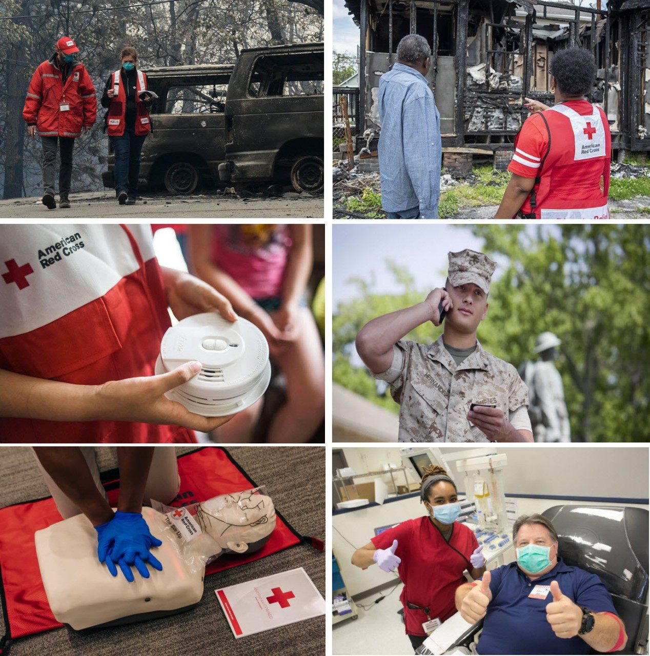Collage of Red Cross volunteers and military person.