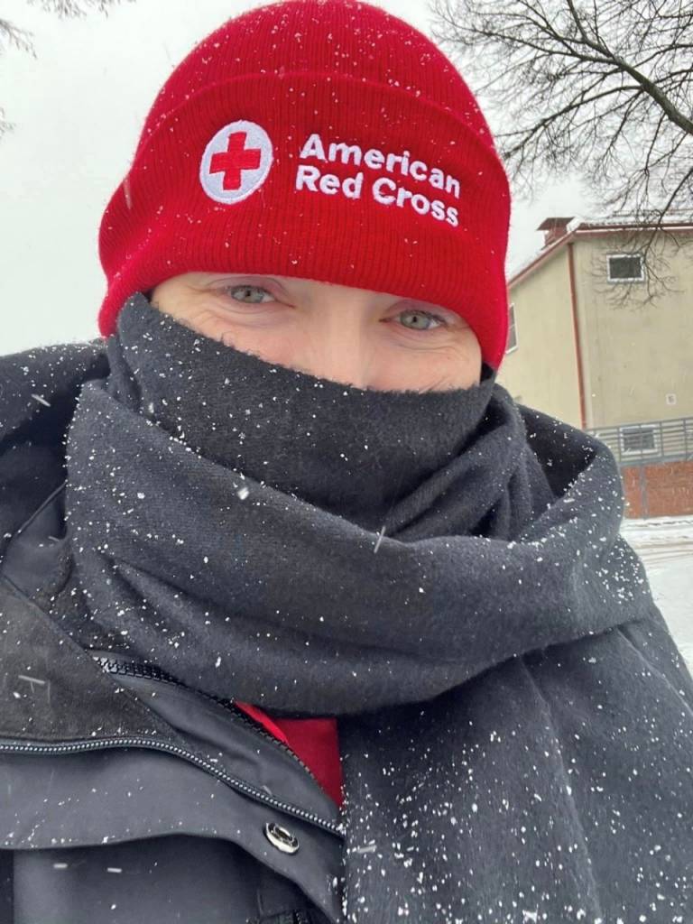 Jill Eaves, SAF regional program manager for the Red Cross Missouri-Arkansas Region, bundles up in the Polish winter when we was deployed to a NATO training base in Poland. (Red Cross photo)