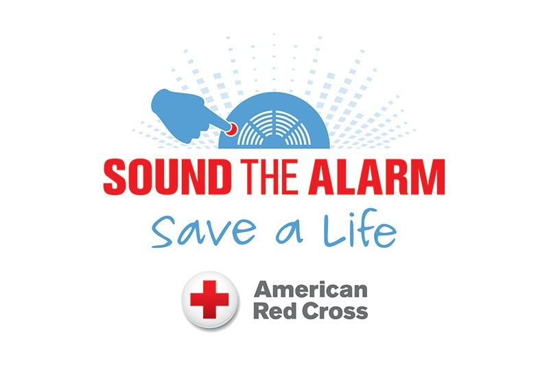 Sound the Alarm banner with drawing of hand pressing smoke alarm button.