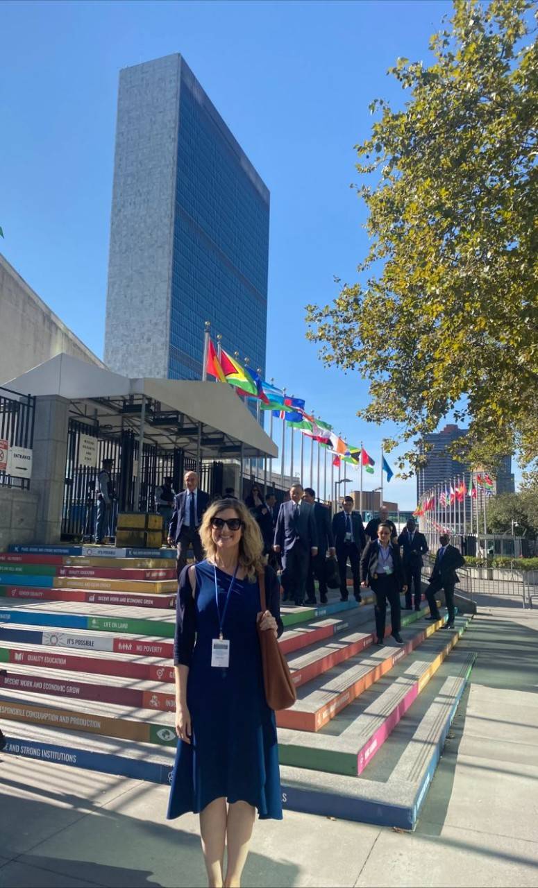 Nicole standing in a blue dress in front of steps lined with multi-colored flags. 