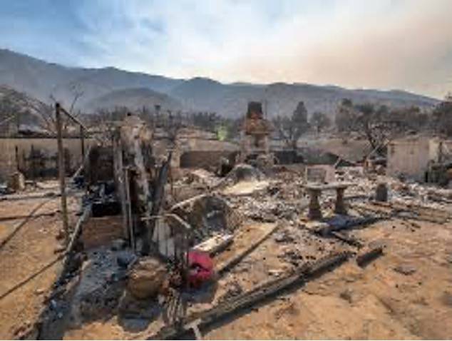 A mobile home destroyed by wildfire